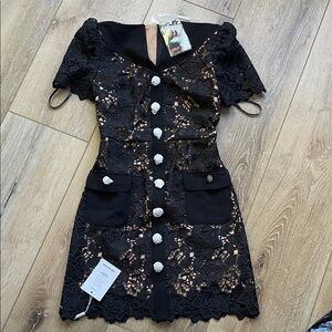 Self-Portrait Black Floral Lace Mini Dress with Statement Buttons. NWT!